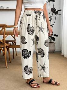 Enliva Plus Size Women's Casual Vacation Pants, Ocean Pattern Trousers, For Apple And Rounded Body Shape Beach Black And White Summer - Green - View 3