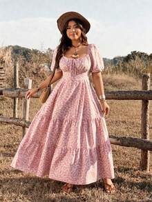 Ceyna Plus Size Dusty Pink Ditsy Floral Casual Boho Cottage Core Elegant Batwing Sleeve Dress, Spring/Summer Vacation Formal Vacation Vacation - Pink - View 5