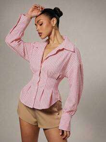 Hauture Camisa de manga larga con botones y rayas casuales para mujer, otoño - Rosa - Ver 6