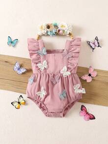 Pelele de verano casual con volantes y mariposas rosadas para bebé niña recién nacida - Rosa - Ver 3