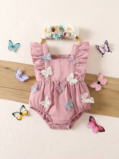 Newborn Baby Girl Cute Summer Casual Pink Butterfly Ruffle Romper