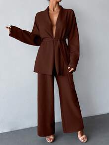 EURMUSE 2 Pieces Set, With Belt Detail, Comfortable Outfit, Suitable For Home And Outdoor Wear - Chocolate Brown - View 7