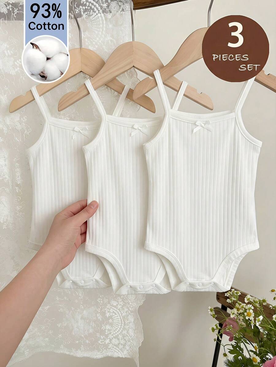 SHEIN LMoss Kids 3件組女嬰白色夏季基礎款家庭套裝休閒針織柔軟彈性純色細肩帶連身衣背心附蝴蝶結 - 白色 - 查看 1