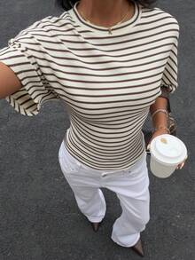 Siren Gaze 女士棕色条纹束腰T恤，春夏款 - 杏色 - 查看 5