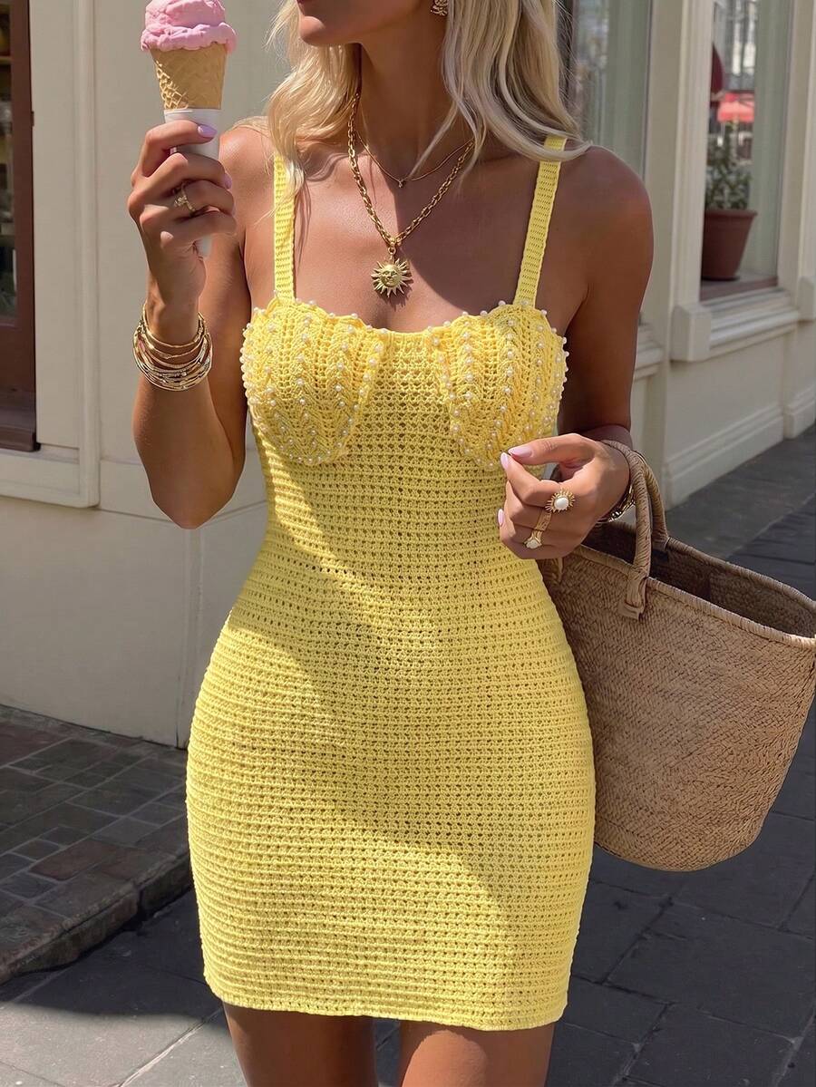 Selianne Women's Elegant Fitted Backless Short Cover Up Dress Boho Tie Strap Pearl Cami Camisole Yellow Sleeveless Knit Mini Dress, Suitable For Beach & Summer Or Women Party,Prom,Beach,Holiday Vacation And Mucis Festival, Streetwear - Yellow - View 1