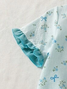 女童薄荷绿碎花短袖上衣和裤子舒适两件套睡衣 - 淺藍色 - 查看 4