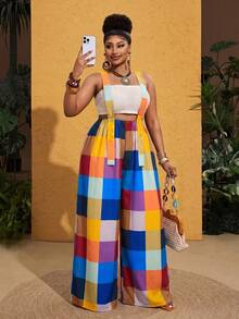 Maweii Mono de talla grande con estampado retro de patchwork para mujeres - Multicolor - Ver 6