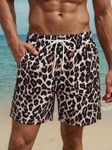Manfinity Swimmode 大尺碼男士休閒波西米亞風豹紋抽繩腰沙灘短褲，夏季度假夏威夷熱帶泳褲洗澡沙灘褲，米色卡其色 - 黑色 - 查看 3