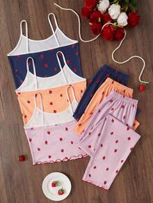 Softscene 3pcs Strawberry Print Camisole & Pants Pajama Set - Multicolor - View 2