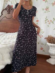 CottageSlumber Floral Bow Decor Fitted Dress For Women - Black - View 3
