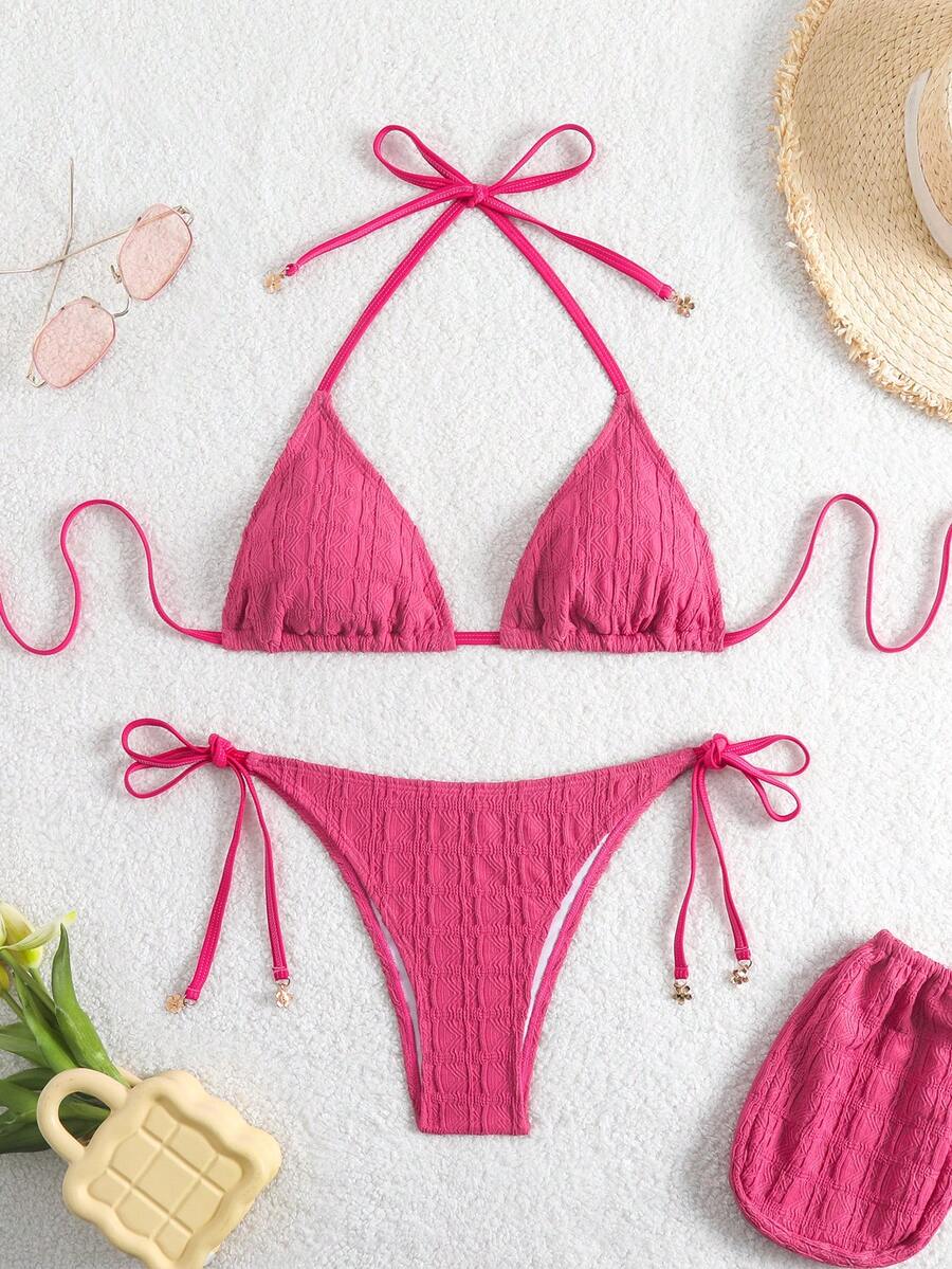 Swim Mod Women's Solid Color Halter Tie Front Bikini Set 2026 New Women's Swimwear ArrivalFor School,Suitable For Holiday, Date Holiday Vacation, Afternoon Tea, Western Tropical, Cruise, Beach, Island, Road Trip, Summer, Music Festival, Boho Vacation,Bohemian Vacation, Chill ,Western Boho ,Elegant Tops For Women Bikinis Set For Women Hot Pink - Pink - View 1