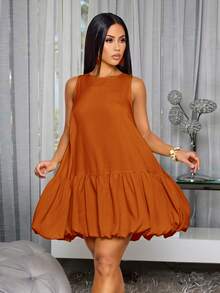 SOLERSUN Women's Elegant Scoop Neck Chic Ruffled Hem Summer Party Outfit Puffball Mini Dress - Rust Brown - View 3
