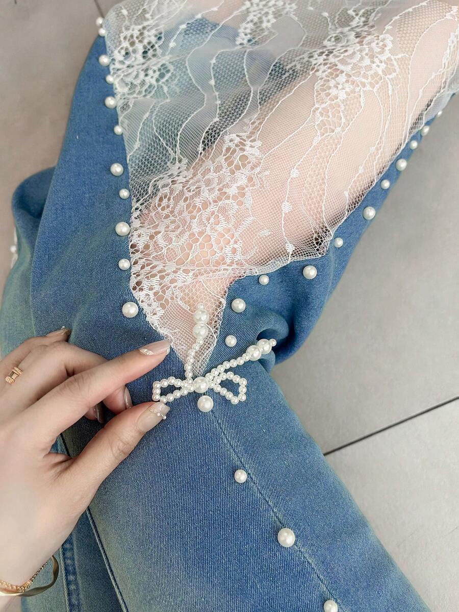 FRIFUL Women's Lace Patchwork Jeans With Pearl Decoration - Blue - View 1