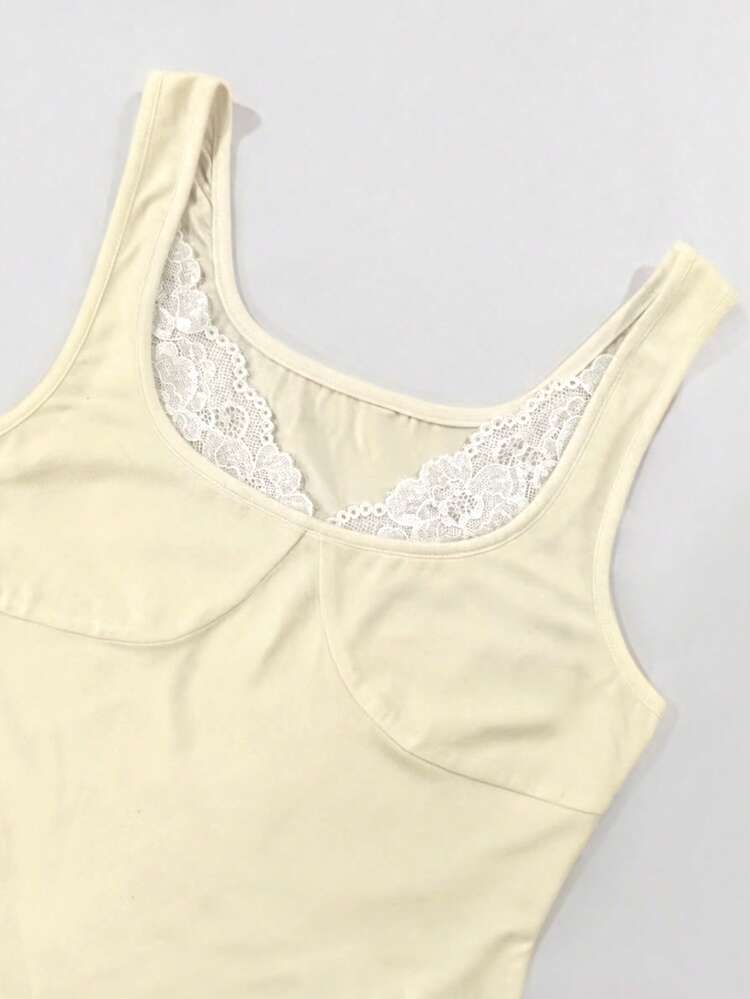 Cévolie Áo tank top nữ cổ chữ U phối ren, ôm sát, màu trơn, gợi cảm, tối giản, đa năng, kiểu Pháp giản dị, phù hợp cho đi chơi, dự tiệc và dạo phố. - Màu vàng - Xem 4