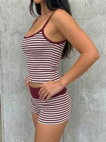 SHEIN EZwear 女士休闲度假通勤条纹印花修身露脐吊带背心和短裤套装，夏季 - 彩色 - 查看 7