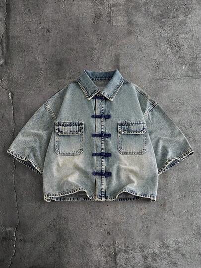 AXEPEAK Men's Vintage Color-Blocking Shirt With Chinese Style Button Closure