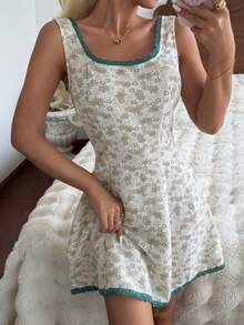 DAZY Vestido de bloqueo de color con encaje, parches y estampado floral pequeño, de mangas cortas, con cintura ceñida. Ropa de dormir casual de verano para mujeres - Beis - Ver 3
