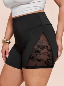 SHEIN BAE Quần short nữ cỡ lớn màu đen phối lưới nhung. - màu đen - Xem 4