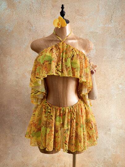 Mistrie 2026 Summer Bohemian Leopard Floral Print Halter Neck Off Shoulder Ruffle Hem Short Flowy Chiffon Mini Dress, Women Beach Holiday Outfit