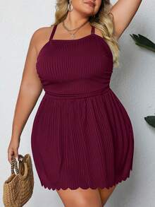 SHEIN CURVE+ Plus Size Women Ruched Spaghetti Strap Tankini Top And Triangle Bottoms Swimsuit Set - Burgundy - View 5