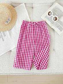 SHEIN LMoss Kids 女宝宝休闲度假可爱格子松紧腰裤 - 玫紅色 - 查看 6