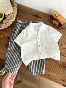 LMoss Kids 2pcs Baby Boy Woven Solid Color Collared Shirt And Pants Set - Multicolor - View 7