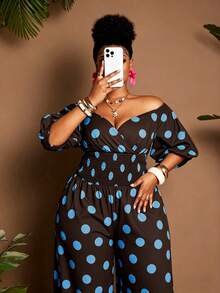 Maweii Plus Size Off Shoulder Polka Dot Drawstring Waist Short Sleeve Jumpsuit, Vacation - Multicolor - View 1