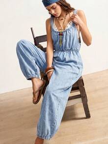 Bohemela Bộ jumpsuit denim tối giản, đa năng, thời trang dành cho nữ với nhiều túi - Rửa nhẹ - Xem 1