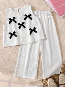 SHEIN Bộ 2 món cho bé gái, áo không tay và quần lửng đính nơ 3D thời trang dễ thương, đa năng cho mặc hàng ngày, đi nghỉ mát và dã ngoại, bộ sưu tập xuân hè mới. - Màu be - Xem 4