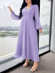Modelyn Đầm nữ thanh lịch tay phồng phối ren tương phản, xếp ly, dài ngang gối. - Màu tím - Xem 4