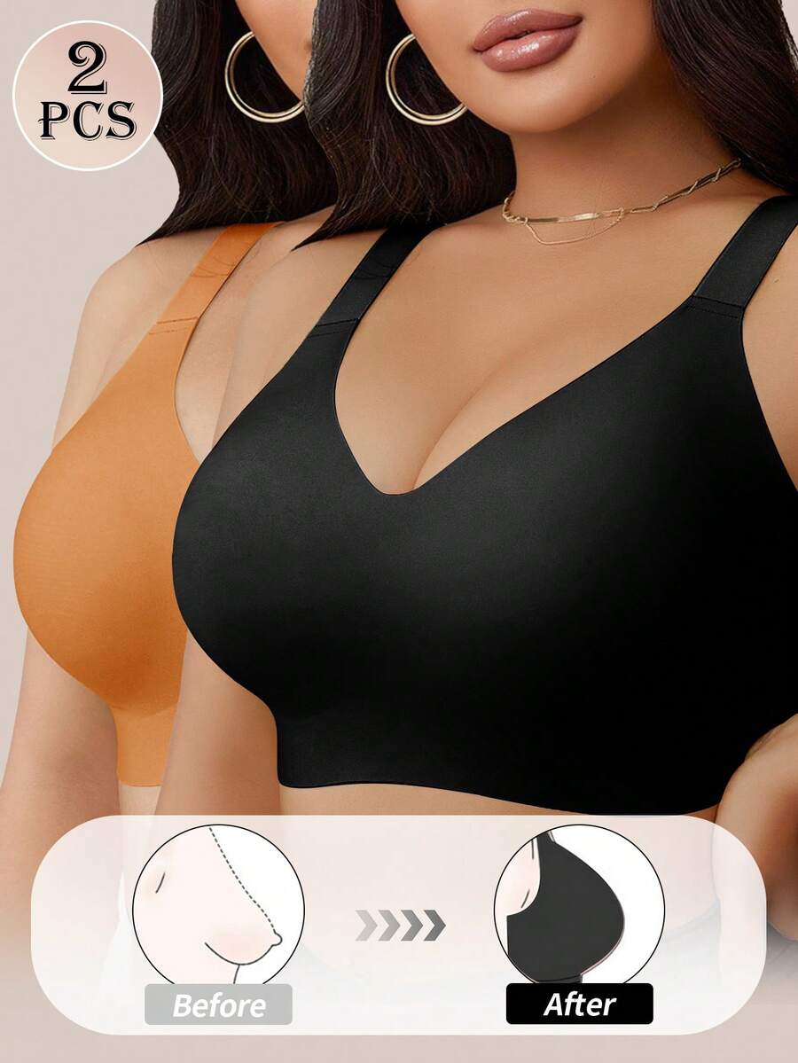 SHEIN 2pcs/Set Plus Size Seamless Bras, Jelly Stripe Soft Support Wireless Bras, Lift And Gather Bust, Reduce Side Bulge - Multicolor - View 1