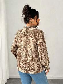 Elenzga Blusa feminina plus size de chiffon azul com estampa floral e mangas compridas. Blusa leve de chiffon com estampa floral, elegante e ideal para o dia a dia. - Castanho - Ver 2