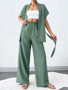 SHEIN Tall Solid Color Sleeveless Casual Summer Tall Women Two-Piece Set With Belt - Mint Green - View 4