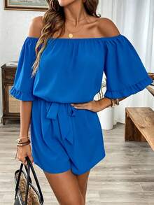 Breezaya Hawaiian Style Ruffled Off-Shoulder Romper - Blue - View 4