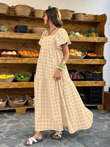 Flora Isola Flora Isola Đầm maxi tay phồng cổ vuông kẻ caro vàng và xanh lá cây - Phong cách Bohemian cổ điển, thích hợp cho kỳ nghỉ, dạo phố và mặc thường ngày, đầm mùa xuân hè dành cho nữ. - Nhiều màu - Xem 1