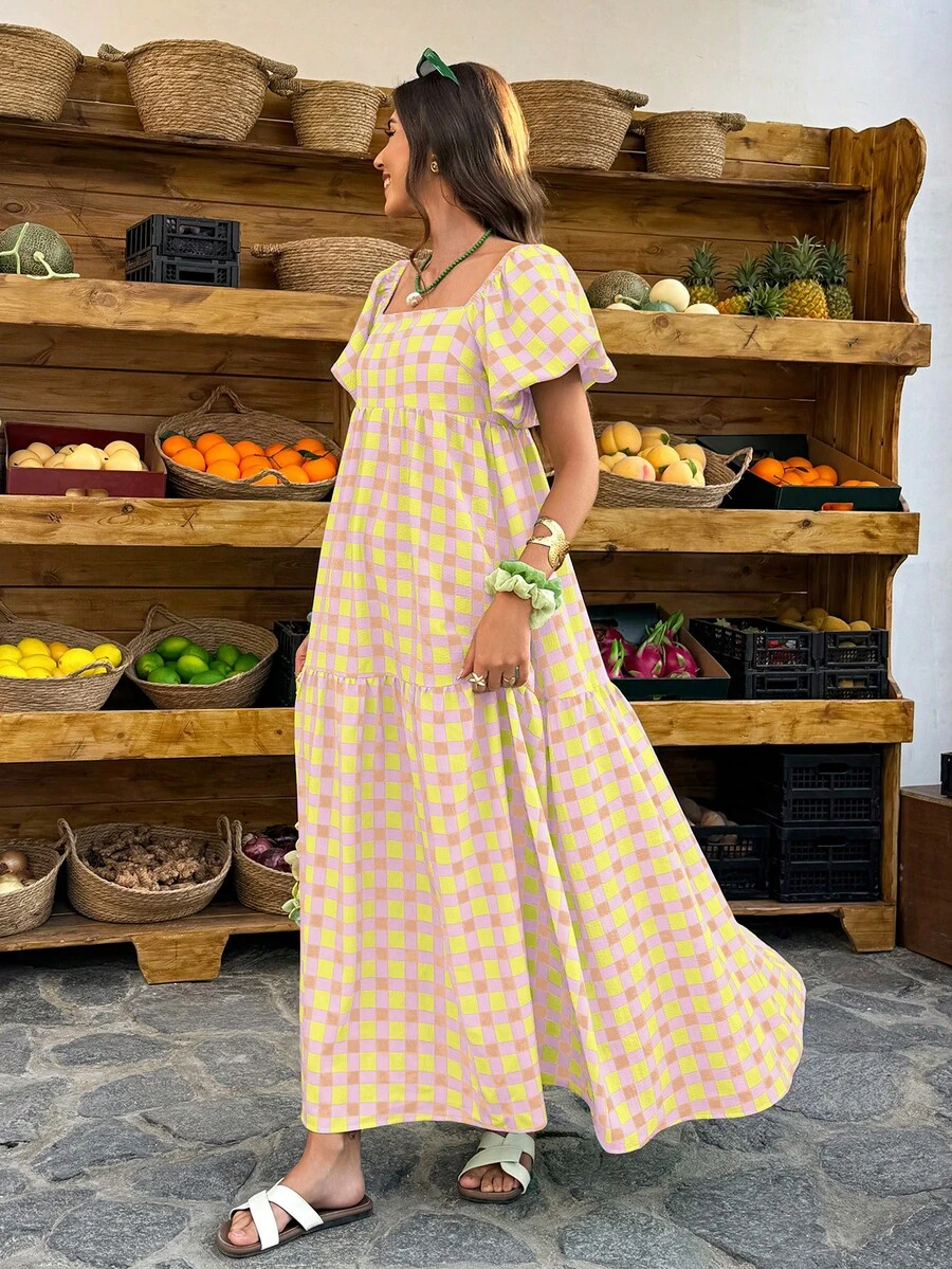 Flora Isola Flora Isola Đầm maxi tay phồng cổ vuông kẻ caro vàng và xanh lá cây - Phong cách Bohemian cổ điển, thích hợp cho kỳ nghỉ, dạo phố và mặc thường ngày, đầm mùa xuân hè dành cho nữ. - Nhiều màu - Xem 1