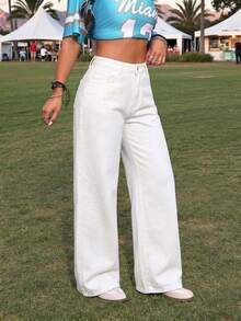 SHEIN PETITE CURVE Plus Size Women Loose Fit Pockets Wide Leg Casual Jeans - White - View 6