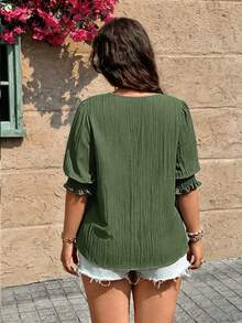 Breezaya Casual Fashionable Elegant Versatile V-Neck Lace Patchwork Button Down Half Sleeve Plus Size Women Blouse - Army Green - View 2