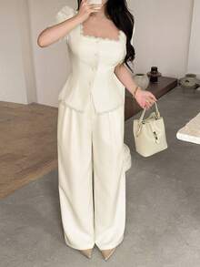 Feyla Women's Lace Patchwork Square Collar Top And Pants Casual 2 Pieces Set - Apricot - View 6