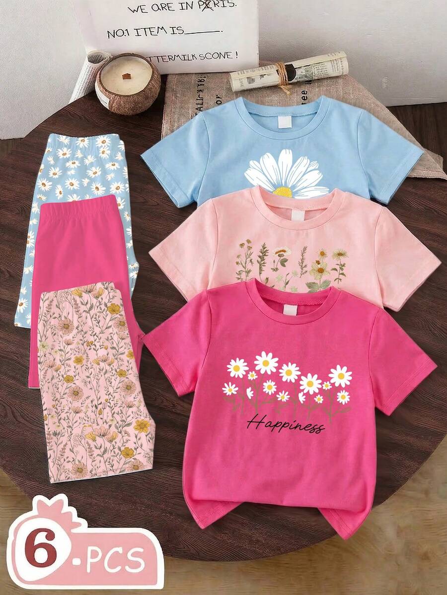 Elladie kids Bộ 6 món cho bé gái 4-7 tuổi, áo thun ngắn tay in hoa và quần dài, chất liệu nhẹ, thoải mái, phù hợp mặc hàng ngày, đi học, dự tiệc sinh nhật, dã ngoại, vui chơi ngoài trời vào mùa xuân, hè và thu. - Nhiều màu - Xem 1