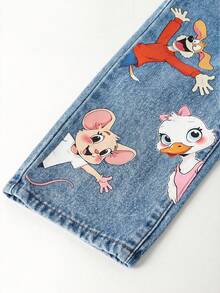 SHEIN Playful Pals Quần jean denim màu xanh nhạt cho bé gái, họa tiết động vật dễ thương, kiểu dáng ống suông rộng rãi, phù hợp cho kỳ nghỉ hè, đi dạo phố, đi học và mặc hàng ngày. - Rửa nhẹ - Xem 3