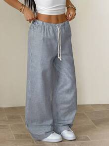 SHEIN PETITE Casual Striped Wide Leg Pants With Drawstring Waist - Blue - View 6