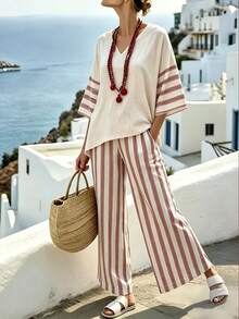 Breezaya Bộ đồ 2 món cho nữ mùa hè, kiểu dáng thoải mái, cổ chữ V, tay cánh dơi, ống đứng, tối giản, phù hợp cho công sở. - Đỏ - Xem 3