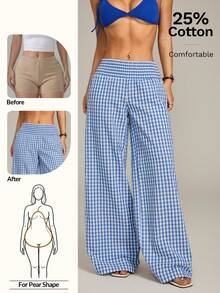 SHEIN PETITE Women's Casual Daily Drawstring Waist Plaid Wide Leg Pants - Blue and White - View 4
