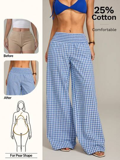 SHEIN PETITE Quần ống rộng kẻ caro cạp chun kiểu dáng thường ngày dành cho nữ.