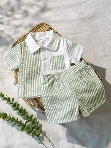 SHEIN Vintaside Kids 2件套新生男婴休闲条纹短袖衬衫和短裤套装，适合春夏季节各种场合，如生日派对、宴会、表演、婚礼、婴儿派对、婚礼宾客、花童等。 - 綠色 - 查看 4
