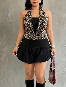 Easura Camiseta sin mangas de punto vintage con cuello de halter en V profunda, estampado de leopardo y parches negros, para mujer de talla grande. Nuevo diseño de verano, sexy y versátil. Estilo europeo y americano de resort, con decoración de anillo metálico. Adecuado para uso casual, vacaciones, citas, fiestas y Día de San Valentín. - Negro - Ver 3