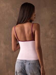 SHEIN Tall CURVE 大码夏季简约百搭撞色滚边修身吊带背心 - 淺粉色 - 查看 2
