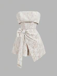 MOD Mono de encaje blanco romántico y soñador sin tirantes con lazo - Fiesta de té en el jardín, cita, fiesta, ropa de verano y primavera para mujer, vacaciones de primavera, picnic, festival, atuendo de cumpleaños. - Albaricoque - Ver 5