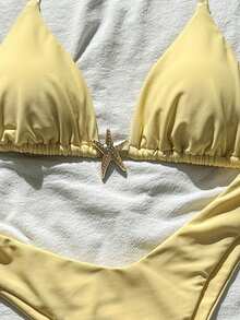 Swim Mod Women's Solid Color Spaghetti Strap Metal Decor Sexy Bikini Set, Summer - Yellow - View 3